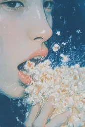 Midjourney generated image using SREF code Paleshore: A painting of a woman eating popcorn. 