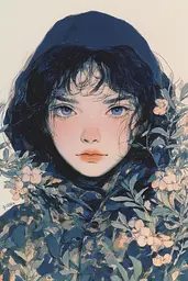 Midjourney generated image using SREF code Paleshore: A painting of a young girl with blue eyes surrounded by flowers.