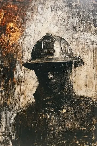 Midjourney generated image using SREF code Lurking Visions: A painting of a man wearing a fireman's hat.