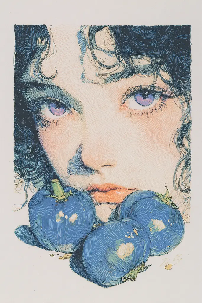 Midjourney generated image using SREF code Paleshore: A drawing of a woman with blue tomatoes in front of her face.