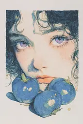 Midjourney generated image using SREF code Paleshore: A drawing of a woman with blue tomatoes in front of her face.