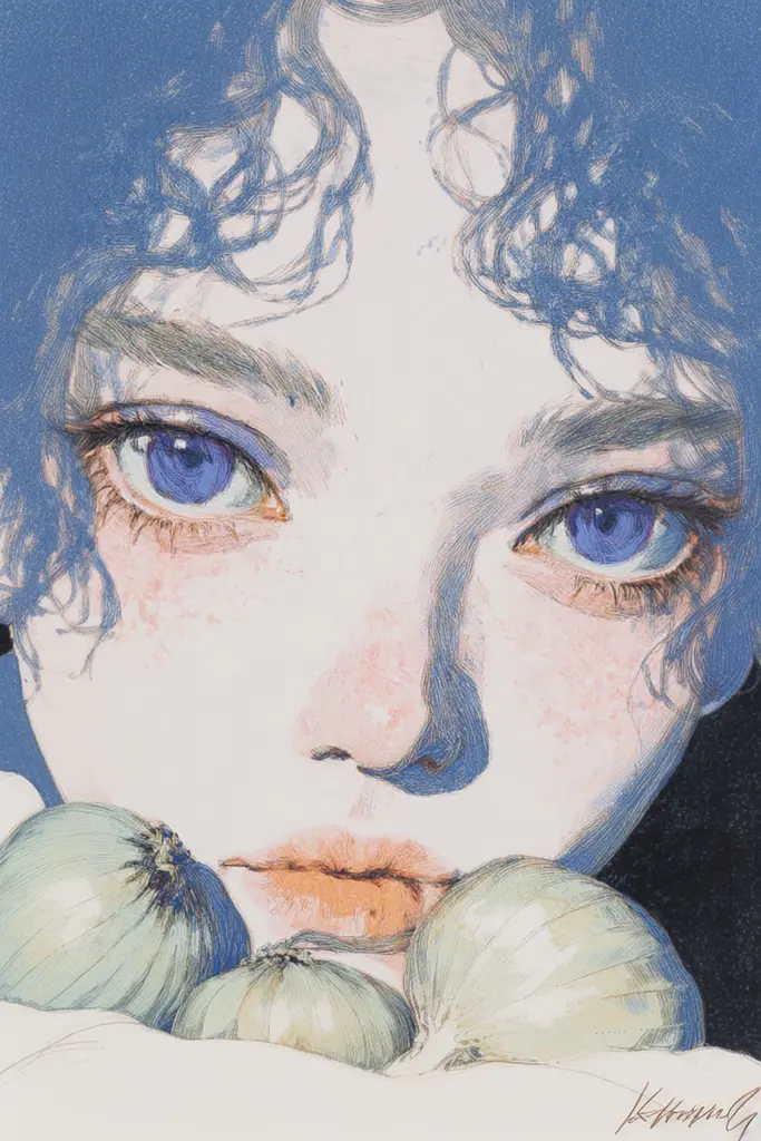 Midjourney generated image using SREF code Paleshore: A drawing of a woman with blue eyes and onions.