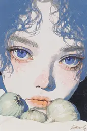 Midjourney generated image using SREF code Paleshore: A drawing of a woman with blue eyes and onions.