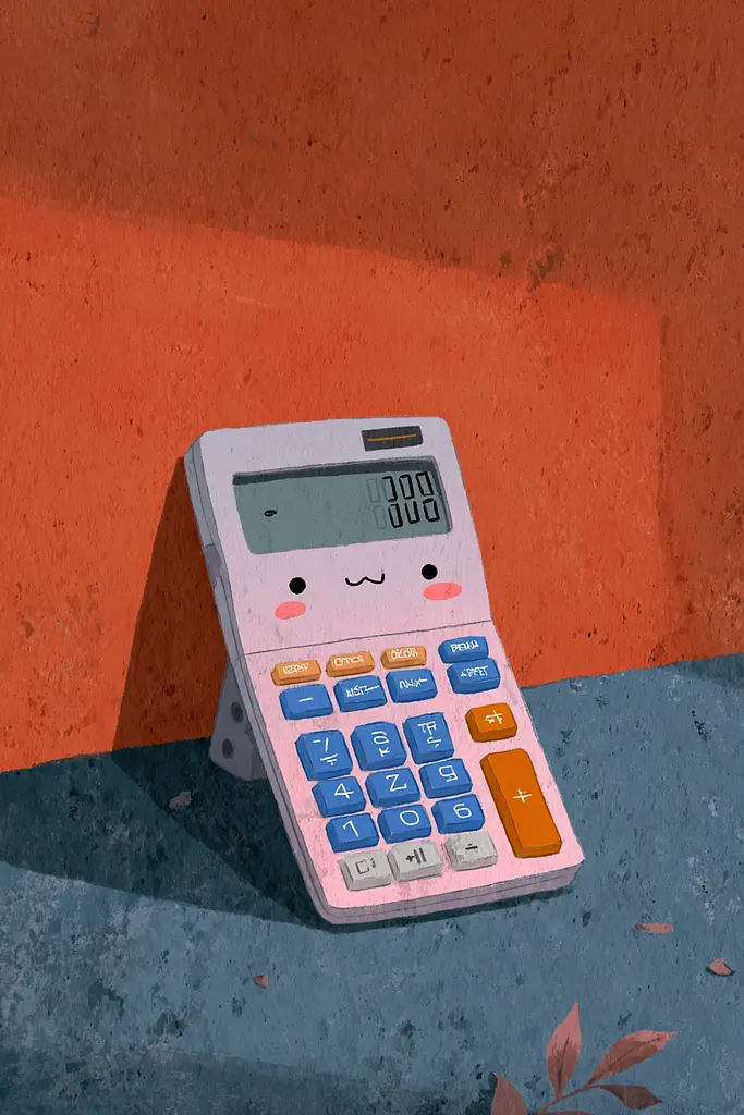 Midjourney generated image using SREF code Ochraflux: A calculator sitting on top of a table next to a plant.