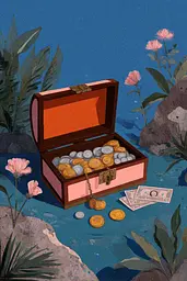 Midjourney generated image using SREF code Ochraflux: A wooden chest filled with coins sitting on top of a rock.