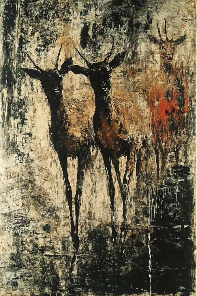 Midjourney generated image using SREF code Lurking Visions: A painting of two deer standing next to each other.