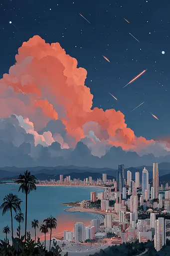 Midjourney generated image using SREF code Ochraflux: A view of a city at night with a large cloud in the sky.