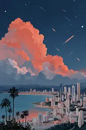 Midjourney generated image using SREF code Ochraflux: A view of a city at night with a large cloud in the sky.