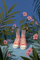 Midjourney generated image using SREF code Ochraflux: A pair of red sneakers sitting on top of a lush green field.