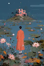 Midjourney generated image using SREF code Ochraflux: A woman in a red dress standing in a pond of water lilies.