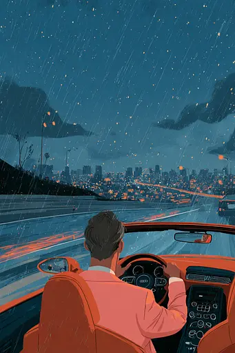 Midjourney generated image using SREF code Ochraflux: A man driving a car in the rain at night.