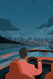 Midjourney generated image using SREF code Ochraflux: A man driving a car in the rain at night.