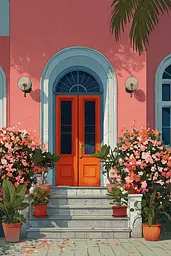 Midjourney generated image using SREF code Ochraflux: A painting of a pink building with a red door and potted plants.