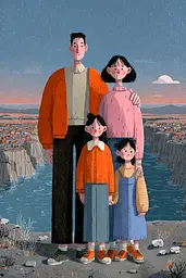 Midjourney generated image using SREF code Ochraflux: A family standing on top of a cliff overlooking a city.