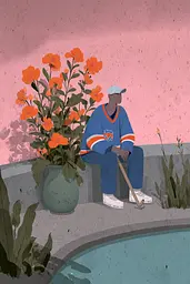Midjourney generated image using SREF code Ochraflux: A man sitting next to a pool with a hockey stick.
