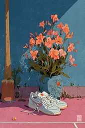 Midjourney generated image using SREF code Ochraflux: A pair of sneakers sitting next to a vase of flowers.