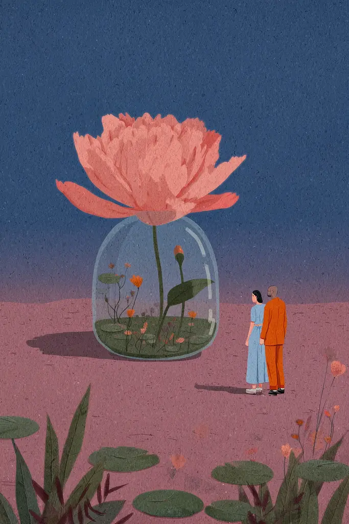 Midjourney generated image using SREF code Ochraflux: A man and woman standing in front of a large flower in a glass jar.