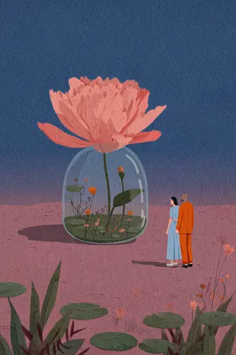 Midjourney generated image using SREF code Ochraflux: A man and woman standing in front of a large flower in a glass jar.
