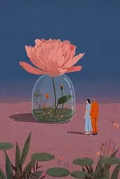 Midjourney generated image using SREF code Ochraflux: A man and woman standing in front of a large flower in a glass jar.