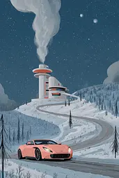 Midjourney generated image using SREF code Ochraflux: A red sports car driving down a snowy road.