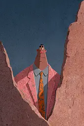 Midjourney generated image using SREF code Ochraflux: A man in a pink suit and orange tie standing in a hole in a rock.