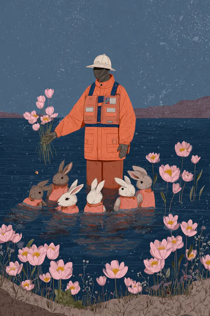 Midjourney generated image using SREF code Ochraflux: A man in an orange jacket standing in a body of water surrounded by rabbits.