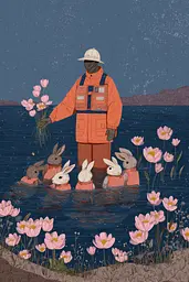 Midjourney generated image using SREF code Ochraflux: A man in an orange jacket standing in a body of water surrounded by rabbits.