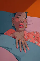 Midjourney generated image using SREF code Ochraflux: A woman laying in bed with her eyes closed and her hand on the pillow.