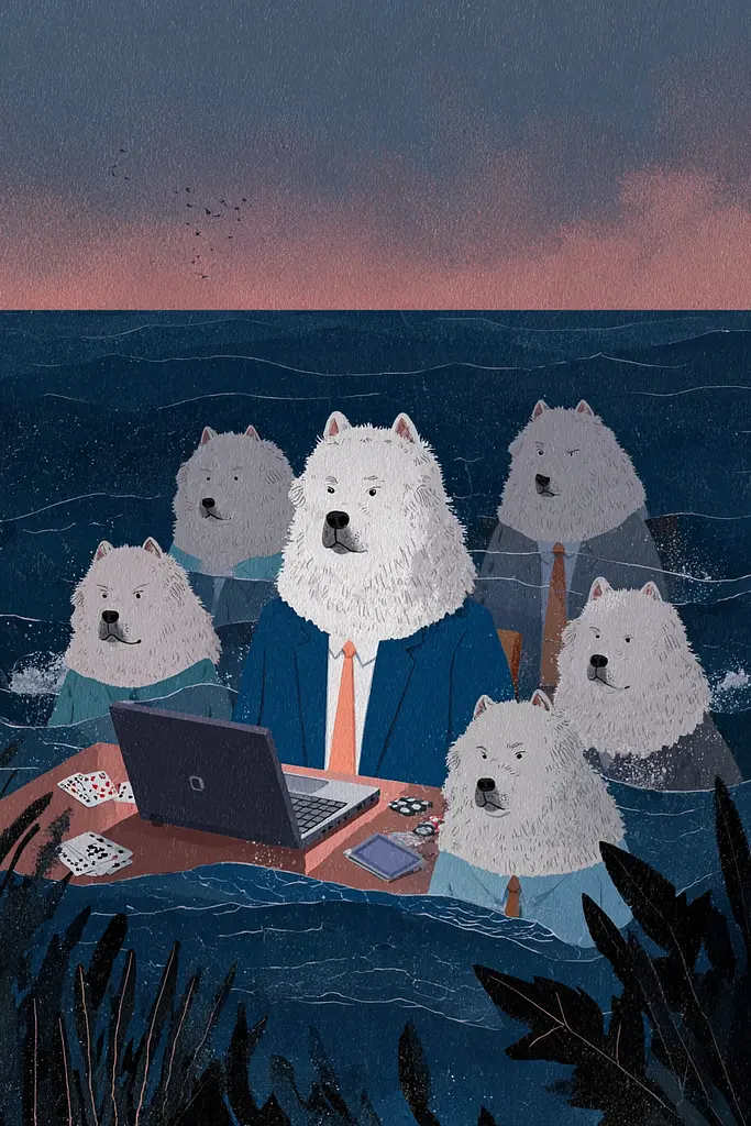 Midjourney generated image using SREF code Ochraflux: A group of white dogs sitting around a table with a laptop.