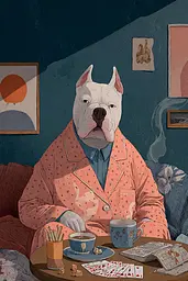 Midjourney generated image using SREF code Ochraflux: A dog sitting at a table with a cup of coffee.