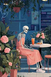 Midjourney generated image using SREF code Ochraflux: A skeleton sitting at a table in a restaurant.