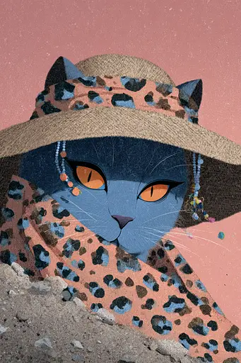 Midjourney generated image using SREF code Ochraflux: A blue cat wearing a hat and scarf.