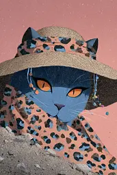 Midjourney generated image using SREF code Ochraflux: A blue cat wearing a hat and scarf.