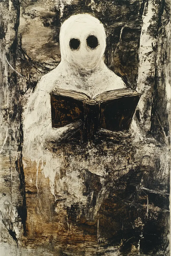 Midjourney generated image using SREF code Lurking Visions: A painting of a ghost reading a book.