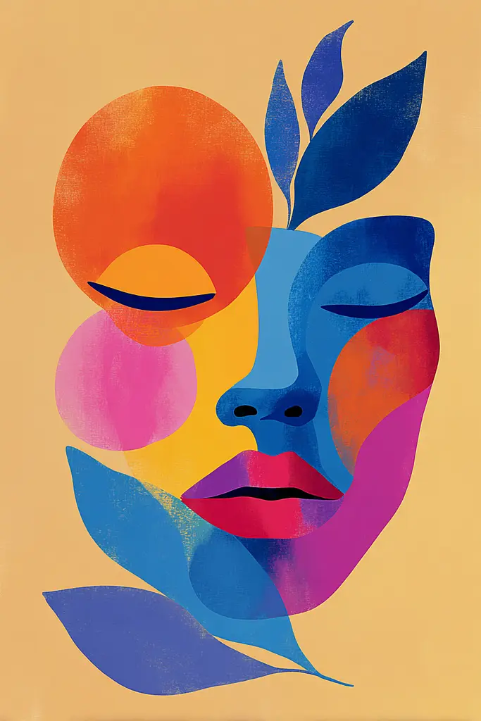 Midjourney generated image using SREF code Flurotica: A painting of a woman's face with leaves on her head.