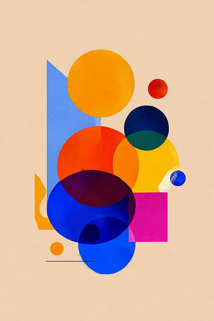 Midjourney generated image using SREF code Flurotica: A colorful abstract composition of circles and squares.