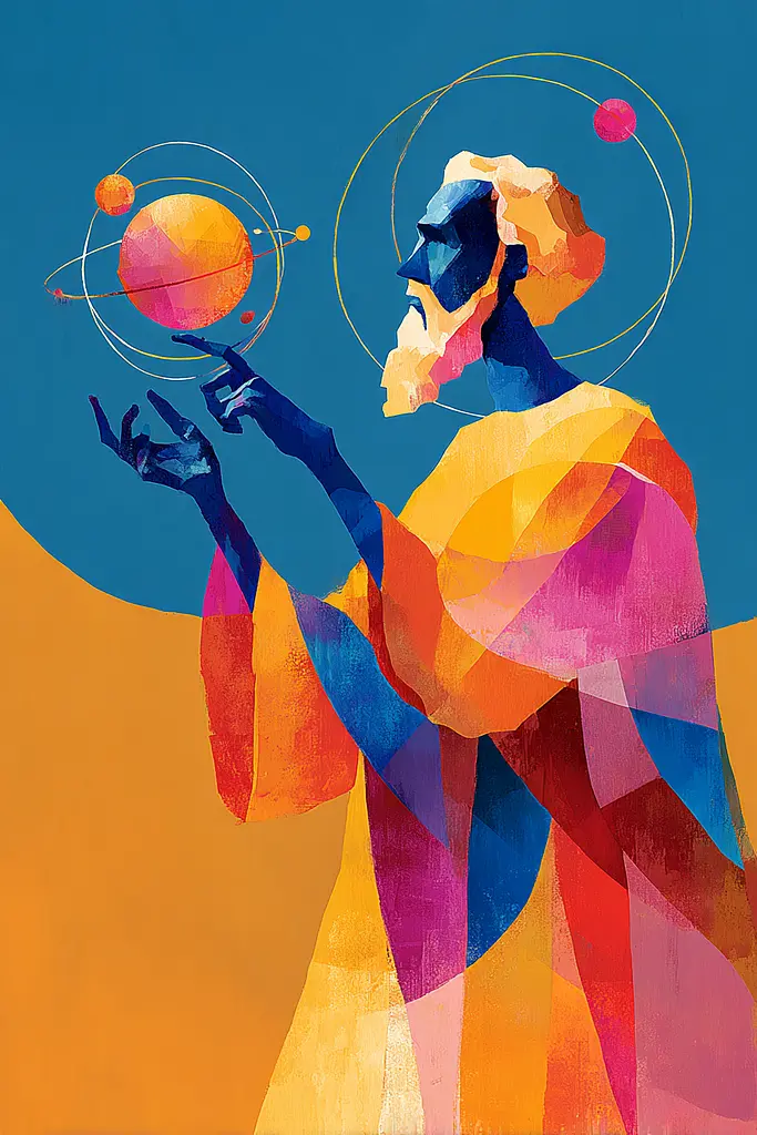 Midjourney generated image using SREF code Flurotica: A painting of a man holding a planet in his hand.