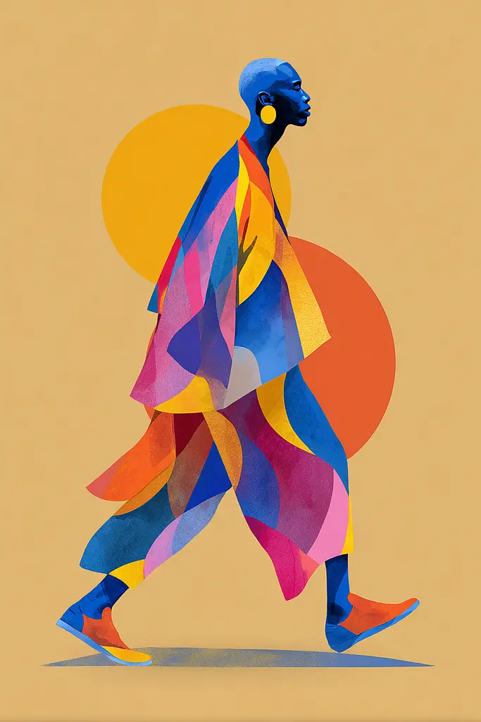 Midjourney generated image using SREF code Flurotica: A woman walking in a colorful outfit with a sun in the background.