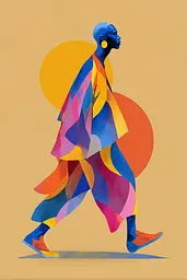 Midjourney generated image using SREF code Flurotica: A woman walking in a colorful outfit with a sun in the background.