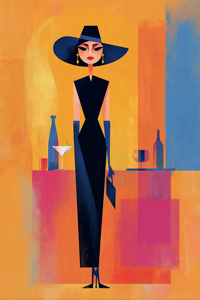 Midjourney generated image using SREF code Flurotica: A woman in a black dress and hat standing in front of a bar.