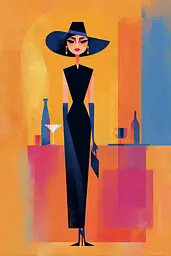 Midjourney generated image using SREF code Flurotica: A woman in a black dress and hat standing in front of a bar.