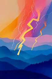 Midjourney generated image using SREF code Flurotica: A painting of a lightning bolt in the sky over a mountain range.