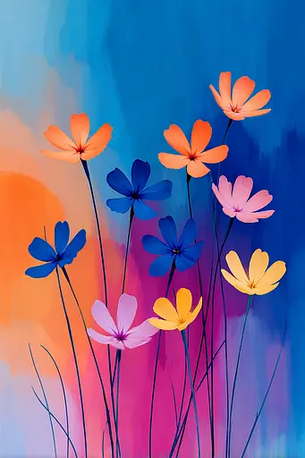 Midjourney generated image using SREF code Flurotica: A painting of colorful flowers on a blue and pink background.
