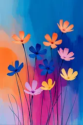 Midjourney generated image using SREF code Flurotica: A painting of colorful flowers on a blue and pink background.