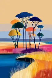 Midjourney generated image using SREF code Flurotica: A painting of a group of trees in the middle of a field.