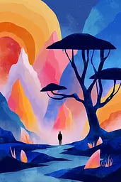 Midjourney generated image using SREF code Flurotica: A person standing in front of a tree with umbrellas.