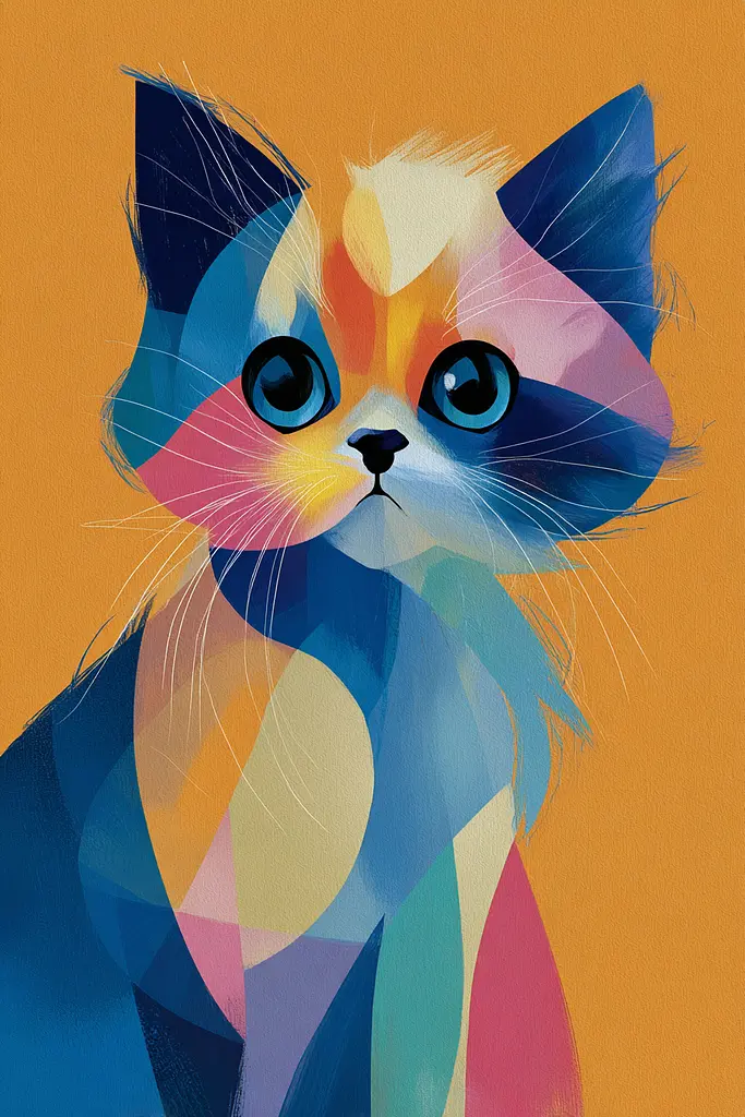 Midjourney generated image using SREF code Flurotica: A colorful cat with blue eyes on an orange background.