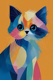 Midjourney generated image using SREF code Flurotica: A colorful cat with blue eyes on an orange background.
