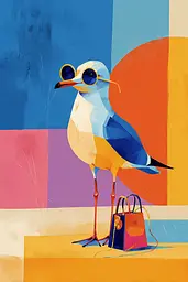 Midjourney generated image using SREF code Flurotica: A seagull wearing sunglasses and carrying a shopping bag.