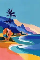 Midjourney generated image using SREF code Flurotica: A painting of a beach with palm trees and mountains in the background.